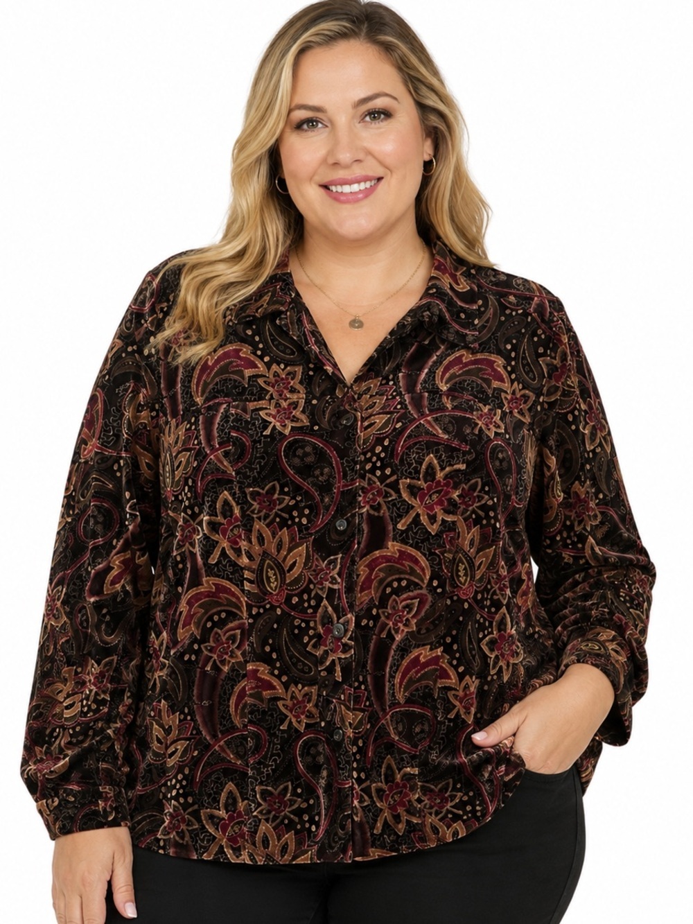 Crushed Velvet Vintage Paisley Jacket Brown Burgundy Gold Whimsigoth Sz 1X - Picture 1 of 14